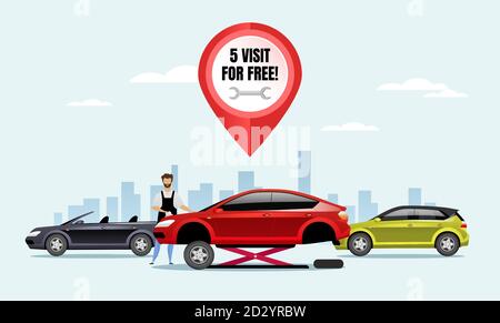 5 visit for free flat color vector illustration. Auto mechanic 2D cartoon character with cityscape on background. Professional car maintenance service Stock Vector