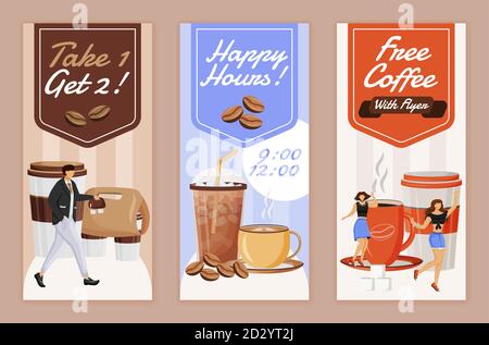 Happy hour for coffee flyers flat vector templates set. printable leaflet design layout. Take 1 drink, get 2. Cafe coupon. Free cappuccino advertising Stock Vector