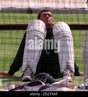 Thoughtful moment for South African Cricket Captain Hansie Cronje as he waits for net practice at Headingley today (Tues) where the South African Team worked out ahead of the deciding Test Match at Headingley which starts on Thursday.  Photo John Giles.PA. Stock Photo