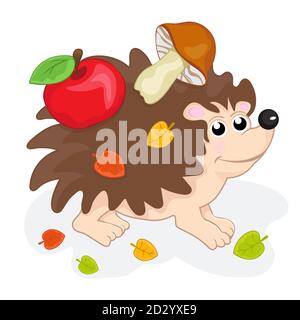 Cute funny hedgehog, cartoon hand drawing. Sweet urchin carrying apples and mushrooms on his back, forest animal with needles isolated on white Stock Vector