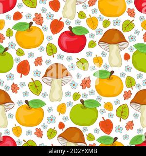 Red, green and yellow apples, mushrooms and leaves seamless pattern, cartoon hand drawing, colorful autumn background. For fabric design, textile Stock Vector