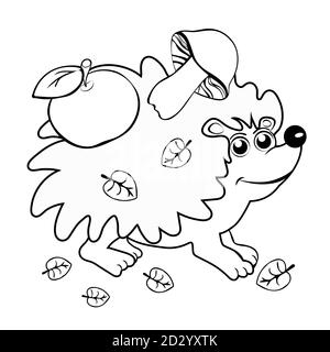 Cute hedgehog, cartoon line black and white hand drawing, children's coloring, silhouette. Outline animal carrying apples and mushrooms on his back Stock Vector