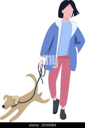 Man walking with dog flat color vector faceless character. Pet owner, dog lover strolling with playful puppy outdoors isolated cartoon illustration Stock Vector