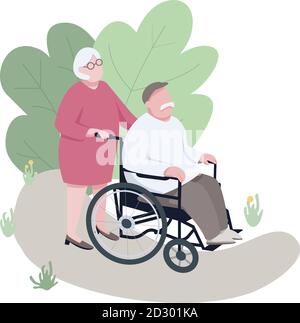 Wife helping disabled husband flat color vector faceless characters. Elderly couple, paraplegic man walking in park, family support isolated cartoon Stock Vector