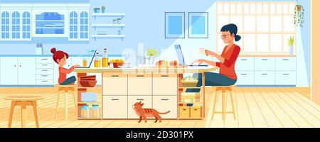 Mother with young daughter using laptop in the kitchen at home. Working mom works from home office. Woman and child using laptop. Freelancer workplace Stock Vector