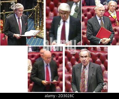 Composite pictures of the five Law Lords (in the order in which they spoke) in the House of Lords, Wednesday 25, Nobvember, 1998, where, in a split 3-2 judgement, they overturned the High Court's October 28 ruling that former Chilean dictator General Augusto Pinochet had immunity from arrest and the legal processes of the English courts. Top row from left: Lord Slynn of Hadleigh, Lord Lloyd of Berwick, Lord Nickells of Birkenhead. Front row, from left: Lord Steyn and Lord Hoffmann. Note to eds: best quality available. V/G Stock Photo