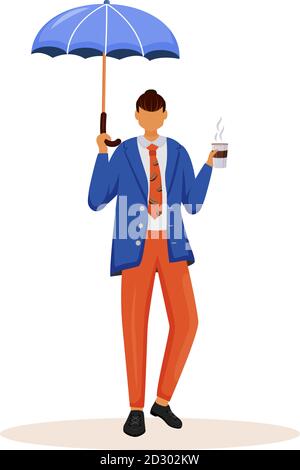 Businessman with umbrella flat color vector faceless character. Caucasian man standing with cup of coffee. Executive holding mug. White guy in suit Stock Vector