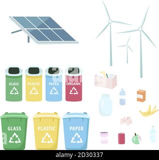 Eco friendly, sustainable lifestyle items flat color vector objects set. Solar panels and wind turbine for alternative energy. Trash sorting Stock Vector