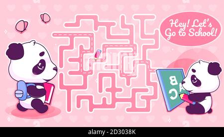 Lets go to school labyrinth with cartoon character template. Animal with backpack find path maze with solution for educational kids game. Studying Stock Vector