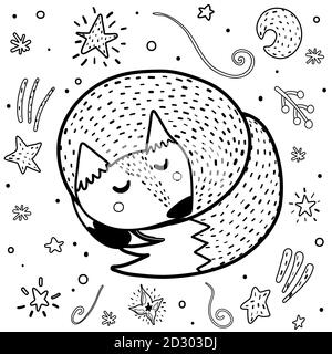 Cute sleeping fox coloring page. Black and white print with funny animals Stock Vector