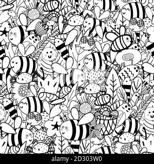 Doodle insects black and white seamless patterns - bees, flies, bugs, spiders, worms, leaves Stock Vector