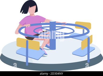 Girl spinning on carousel flat color vector faceless character. Child playing outdoors, kid on playground equipment isolated cartoon illustration for Stock Vector