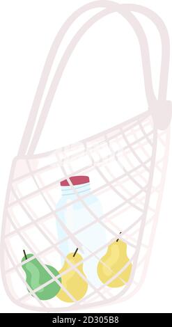 Turtle bag with products cartoon vector illustration. Reusable string handbag for shopping. Market mesh tote bag and grocery inside flat color object Stock Vector