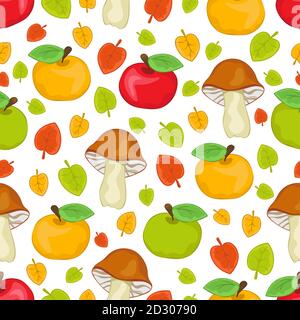 Red, green and yellow apples, mushrooms and leaves seamless pattern, cartoon hand drawing, colorful autumn background. For fabric design, textile Stock Vector