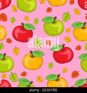 Red, yellow and green painted apples and multicolored leaves, colorful juicy fruits on pink background. For the fabric design, bright prints, cute Stock Vector
