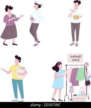 Consumers flat color vector faceless characters set. Woman at garage sale, guy eating take away dinner. People drinking coffee, man with garbage Stock Vector