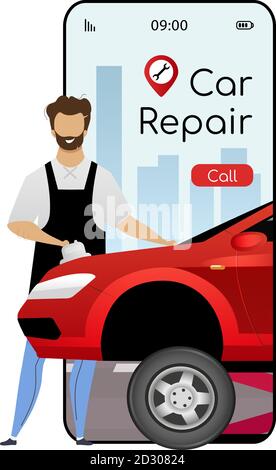 Car repair cartoon smartphone vector app screen. Mobile phone display with flat character design mockup. Auto workshop. Professional automobile Stock Vector