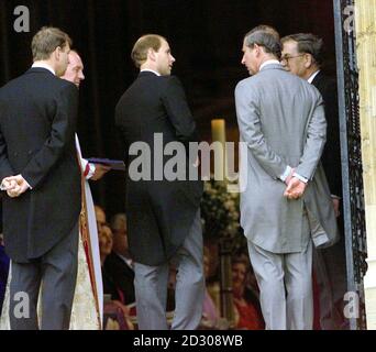 From left: The Duke of York Prince Andrew, Prince Edward and the Prince of Wales Prince Charles arrive at St. George's Castle in Windsor Castle for the wedding of Prince Edward to Sophie Rhys-Jones.  Stock Photo