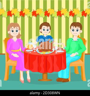 Thanksgiving Family Gala Dinner, colorful cartoon hand drawing. Mom, dad and son are sitting behind a table covered with festive treats and turkey Stock Vector