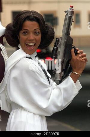 TV presenter Jenny Powell, dressed as Princess Leia from Star Wars, at the launch of the Kellogs Star Wars roadshow, which started in Manchester before heading off on a European tour. Stock Photo