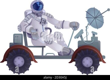 Cosmonaut in lunar rover flat cartoon vector illustration. Astronaut driving moon rover. Ready to use 2d character template for commercial, animation Stock Vector