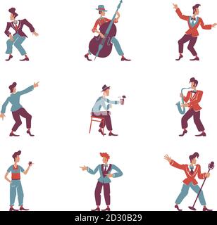 Retro style guys flat color vector faceless characters set. Stylish 50s men. Old fashioned rock n roll male dancers, jazz band musicians isolated Stock Vector