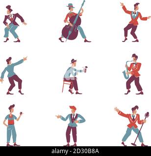 Retro style guys flat color vector faceless characters set. Stylish 50s men. Old fashioned rock n roll male dancers, jazz band musicians isolated Stock Vector