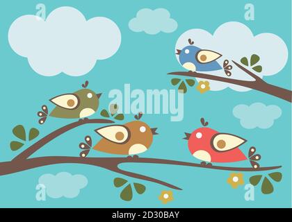 Birds sitting on tree branches. Vector Illustration, sunny day Stock Vector
