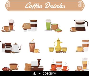 Coffee drinks flat color vector objects set. Cappuccino serving. Traditional dallah. Americano in ceramic mugs. Espresso takeout. Cups and kettles 2D Stock Vector