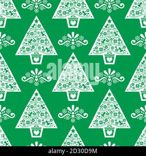 Christmas tree folk art vector seamless pattern in white on green background - Scandinavian retro style design Stock Vector
