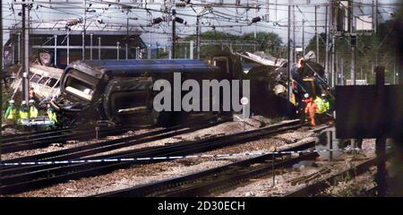 The wreckage of two trains lie on rails in West London after a crash.  Some passengers were feared dead and hundreds more injured when the mainline trains collided near London's Paddington Station at the height of the morning rush hour.   * Carriages were set ablaze by the collision and derailment, and scores of passengers were still trapped two hours after the crash about two miles from Paddington main line station.  Stock Photo