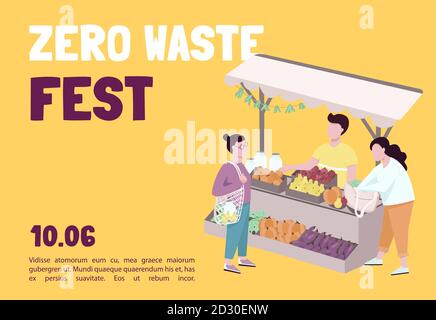 Zero waste fest banner flat vector template. Buying eco and organic products on farmers market. Brochure, poster concept design with cartoon Stock Vector