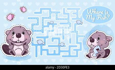 Where is my fish labyrinth with cartoon character template. Smiling beaver find path maze with solution for educational kids game. Rodent eating Stock Vector