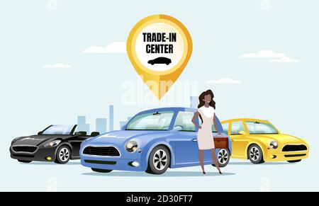 Trade in center flat color vector illustration. Female customer, salesperson 2D cartoon character with cityscape on background. Car exchange service Stock Vector