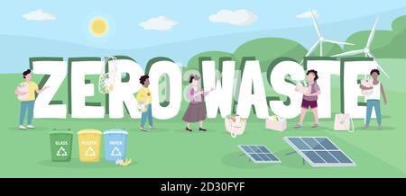 Zero waste word concepts flat color vector banner. Isolated typography with tiny cartoon characters. Waste management and alternative energy use. Eco Stock Vector