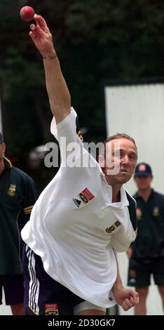 South African bowler Allan Donald, releases the ball during net practice at the Wanderers cricket ground in Johannesburg. Stock Photo