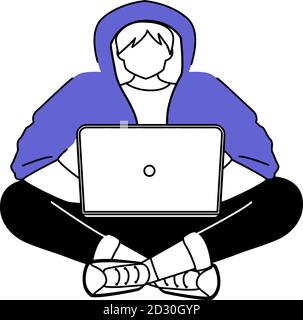Guy in hoodie with laptop flat silhouette vector illustration. Young man working from home. Student. Computer hacker. 2D isolated outline character on Stock Vector