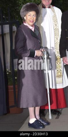 Princess Margaret leaving The Queens Chapel at St. James Palace after the christening, of her grandson Charles Patrick Inigo Armstrong Jones. Stock Photo