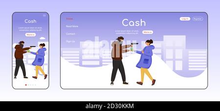Cash theft adaptive landing page flat color vector template. Thief threatening girl. Street robbery mobile and PC homepage layout. Armed attack one Stock Vector
