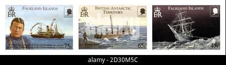 A new set of Royal Mail Stamps, featuring the intrepid Antarctic explorer Sir Ernest Shackleton. The stamps depict scenes from the Imperial Trans-Antarctic Expedition from 1914 to 1917, described as the first crossing of the last continent.   *British Antarctic Territory, Falkland Islands and South Georgia & The South Sandwich Islands will each issue three stamps also featuring Shackleton (1874-1922). Stock Photo