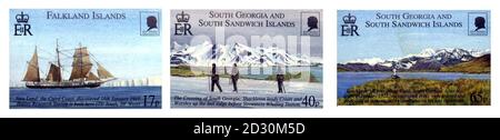 A new set of Royal Mail stamps, featuring the intrepid Antarctic explorer Sir Ernest Shackleton. The stamps depict scenes from the Imperial Trans-Antarctic Expedition from 1914 to 1917, described as the first crossing of the last continent.    * British Antarctic Territory, Falkland Islands and South Georgia & The South Sandwich Islands will each issue three stamps, also featuring Shackleton (1874-1922). Stock Photo