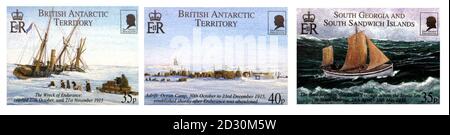 A new set of Royal Mail stamps, featuring the intrepid Antarctic explorer Sir Ernest Shackleton. The stamps depict scenes from the Imperial Trans-Antarctic Expedition from 1914 to 1917, described as the first crossing of the last continent.   *British Antarctic Territory, Falkland Islands and South Georgia & The South Sandwich Islands will each issue three stamps also featuring Shackleton (1874-1922). Stock Photo