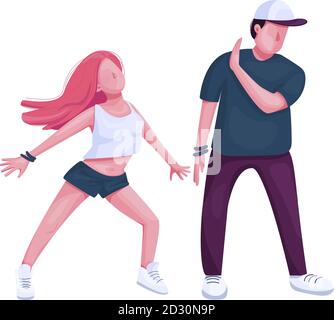 Contemporary dancers couple together flat color vector faceless character. People at club party. Hip hop street dance performers isolated cartoon Stock Vector