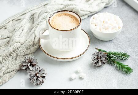 Winter composition in scandinavian style. White cup with coffee and marshmallow - Image Stock Photo