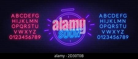 Coming soon neon sign with clock. Red and blue neon alphabets. Stock Vector