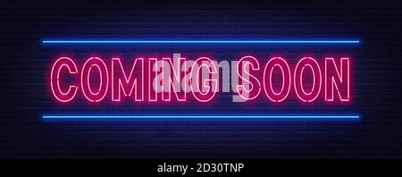 Coming soon neon script sign on brick wall background. Stock Vector