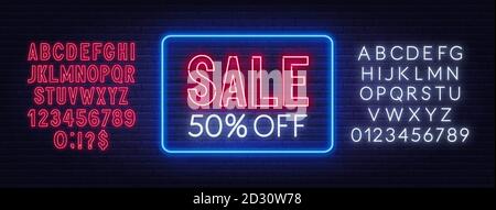 Sale 50 percent off neon sign on brick wall background. Stock Vector