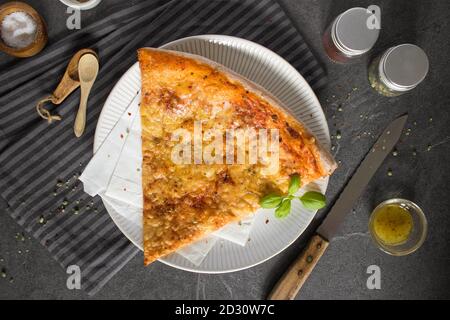 Food photography flat lay of new york slice pizza Stock Photo