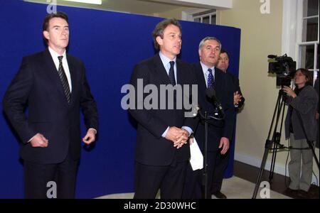 L-R: Northern Ireland Secretary Peter Mandelson, Prime Minister Tony Blair, and Irish Prime Minister Bertie Ahern speaking at a press conference in Hillsborough on 05/05/2000.   * New proposals aimed at restoring devolved government in Northern Ireland by May 22 were put forward by the British and Irish governments after 24 hours of talks between the two, announcing that the suspended political instutions in Northern Ireland would be reinstated and new proposals put forward to the parties.