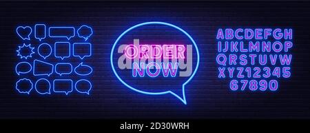 Order now neon sign on a brick background. Template for a design with speech bubble frames. Stock Vector